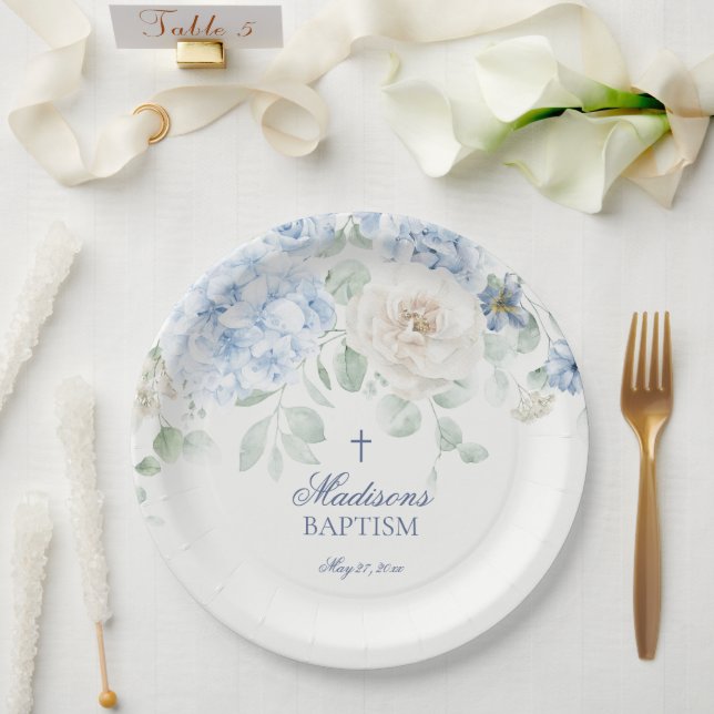 Prato De Papel Batismo Floral Azul Hipoteca Bloomias Botânicas (Casamento)