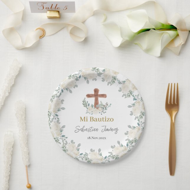 Prato De Papel Batismo floral branco (Casamento)