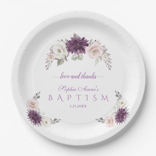 Prato De Papel Batismo Floral Branco Blush lavanda (Frente)