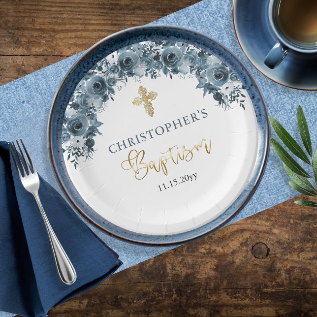 Prato De Papel Batismo Floral Dourado Azul (Elegant Blue and Faux Gold Watercolor Floral Boy Baptism Paper Plates)