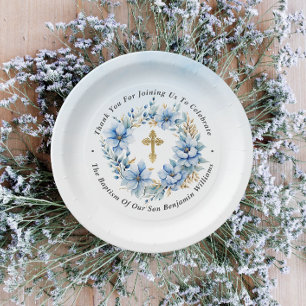 Prato De Papel Batismo Floral Dourado e Azul