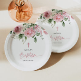 Prato De Papel Batismo Floral Rosa Rosa Elegante