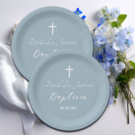 Prato De Papel Batismo Moderno Christening White Cross Dusty Blue
