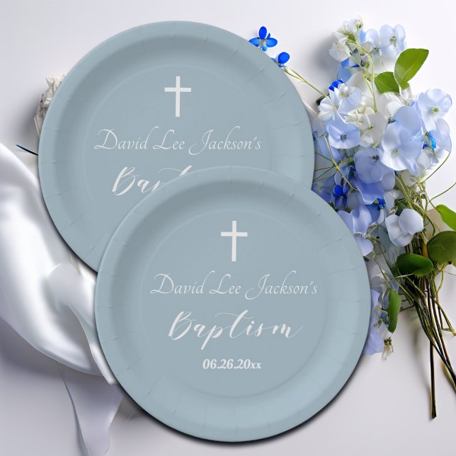 Prato De Papel Batismo Moderno Christening White Cross Dusty Blue (Criador carregado)