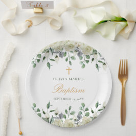 Prato De Papel Batismo Moderno Simples e Floral Branco