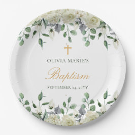 Prato De Papel Batismo Moderno Simples e Floral Branco