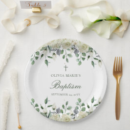Prato De Papel Batismo Moderno Simples e Floral Branco