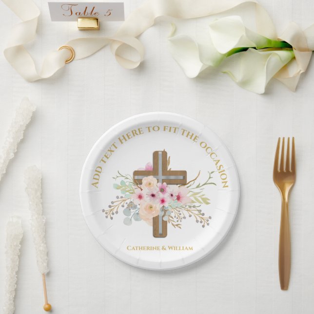 Prato De Papel Batismo Personalizado e Cruz Floral de Natal (Casamento)
