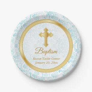 Prato De Papel Batismo personalizado em azul, branco e Dourado