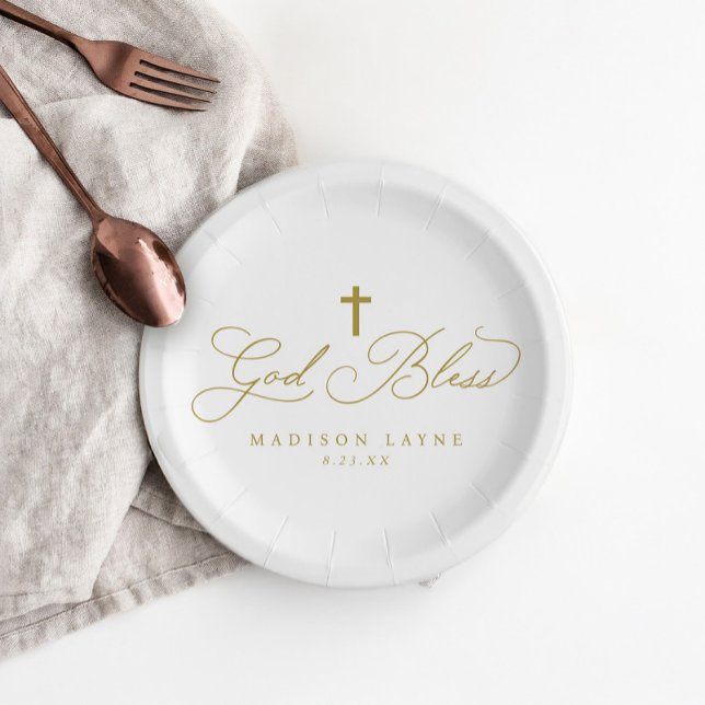 Prato De Papel Batismo Primeira Comunhão Dourado Deus Abençoe Cru (Elegant God Bless paper plates with gold cross, perfect for baptism or first communion.)