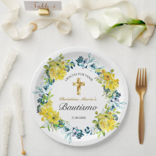 Prato De Papel Bautismo de Niña Bonita Cruz Floral Classe Amarill