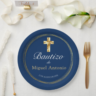 Prato De Papel Bautizo Bebé Niño Cruz de Oro y Azul Marino