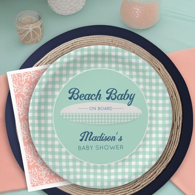 Prato De Papel Beach Baby no Conselho Marinho Mint Gingham Chá de (Criador carregado)