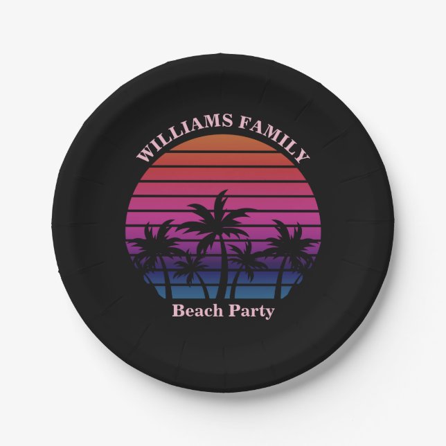 Prato De Papel Beach Party Tropical Sunset Palm Trees Black (Frente)