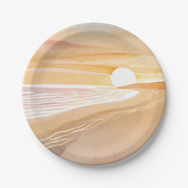Prato De Papel Beach Sunset Watercolor | Beautiful Yellow Painted (Frente)