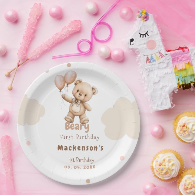 Prato De Papel Beary First Balloon Boy 1st Birthday Teddy Bear (Festa)