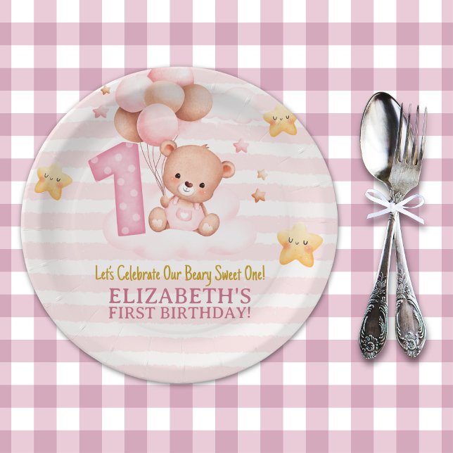 Prato De Papel Beary Sweet One Paper Plates | Boho Bear First Bir (Criador carregado)