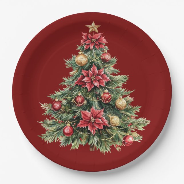 Prato De Papel Beautiful Pine Tree Red Christmas  (Frente)