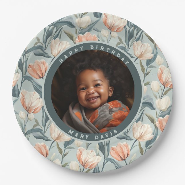 Prato De Papel Beautiful Tulip Flower First Birthday (Frente)