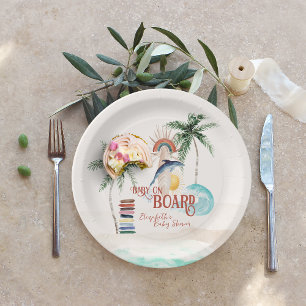 Prato De Papel Bebê a Bordo   Retro Verão Surf Chá de Bebê