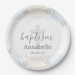 Prato De Papel Bebê Azul Floral Batismo Bebê