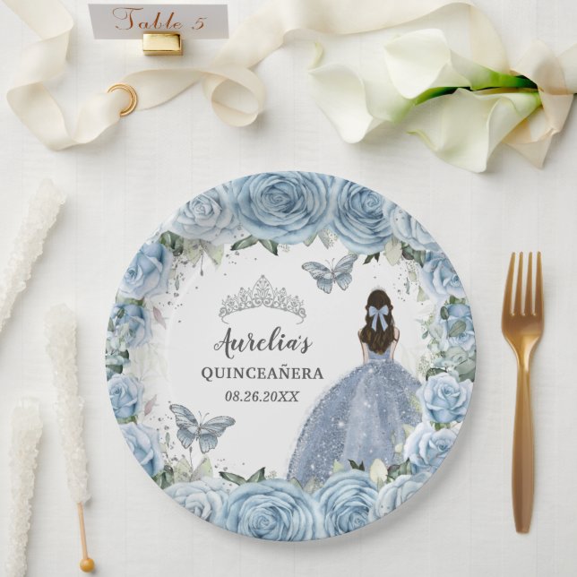 Prato De Papel Bebê Azul Floral Borboletas Prata Princesa (Casamento)