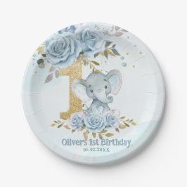 Prato De Papel Bebê Azul Floral Elefante Bonito Menino 1º Anivers