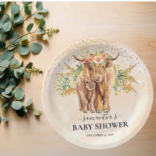 Prato De Papel Bebê Bezerro Vaca Highland Floral Aquarela Pêssego