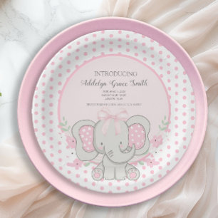 Prato De Papel Bebê Elefante Menina Rosa Pontos Bolha Chá de Bebê