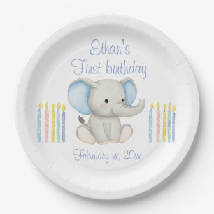 Prato De Papel Bebê Elefante primeiro aniversario Azul Aquarela