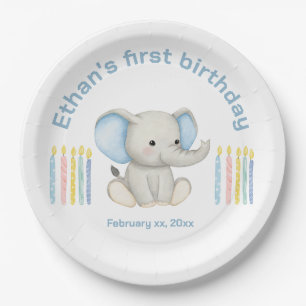 Prato De Papel Bebê Elefante primeiro aniversario Azul Aquarela