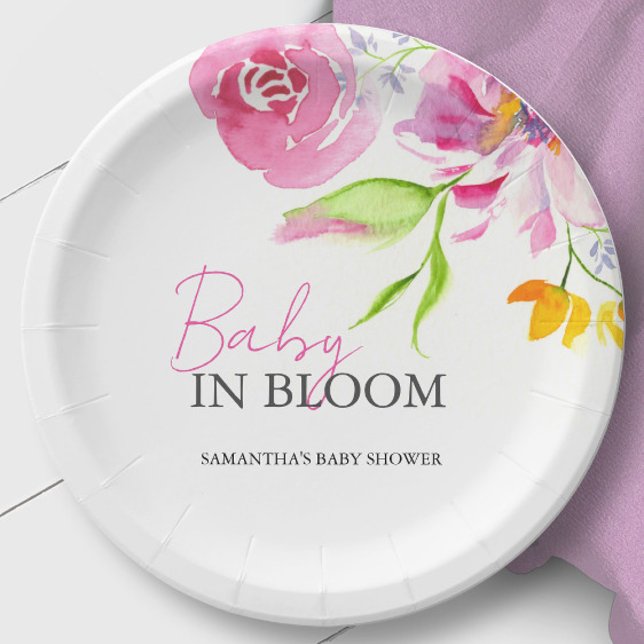 Prato De Papel Bebê em Chá de fraldas de Bloqueio Descartável (Baby in bloom baby shower paper plates floral watercolor art by Victoria Grigaliunas Do Tell A Belle)