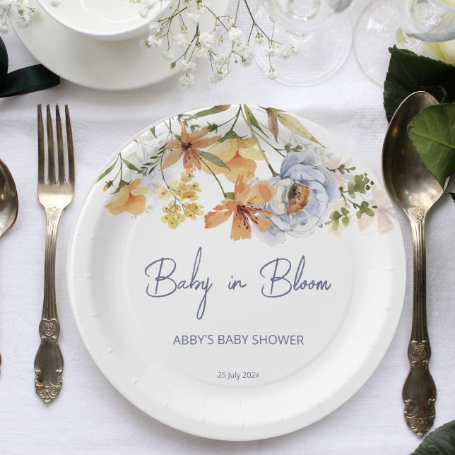 Prato De Papel Bebê em chá de fraldas de flores silvestres florid (Baby in bloom wildflowers spring summer baby shower printed paper plates personalized tableware)