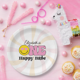 Prato De Papel Bebê Feliz de Um Ano Rosa Amarelo