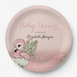Prato De Papel Bebê Flamingo Fofo Brilho Dourado Rosa