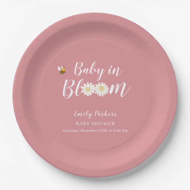 Prato De Papel Bebê Floral Blush Pink Boho Daisy Em Chá De Sangue (Frente)