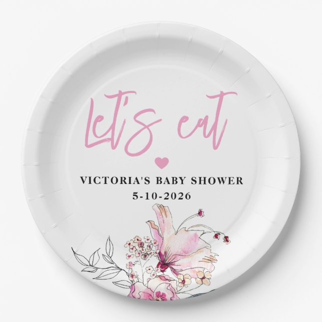 Prato De Papel Bebê Floral Rosa em Chá de fraldas Bloqueado (Frente)