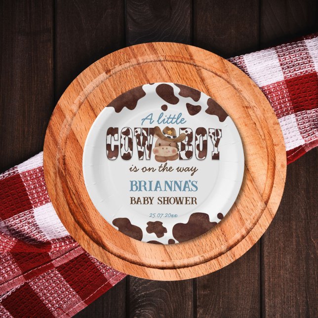 Prato De Papel Bebê fofo cowboy chá de fraldas oeste (Cowboy cute baby horse western baby shower printed paper plates cow pattern brown blue table decor)