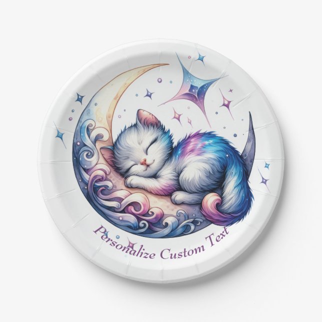 Prato De Papel Bebê Gatinho Fofo Dormindo na Lua (Frente)