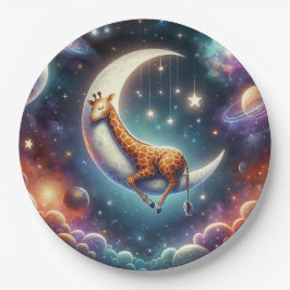 Prato De Papel Bebê Girafa Celestial Dormindo na Lua e Estrelas