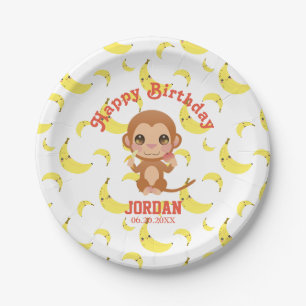 Prato De Papel Bebê Macaco Banana Padrão Feliz Aniversário