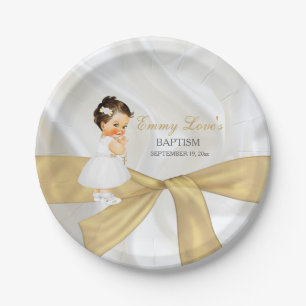 Prato De Papel Bebê Menina Batismo Christening Dourado White