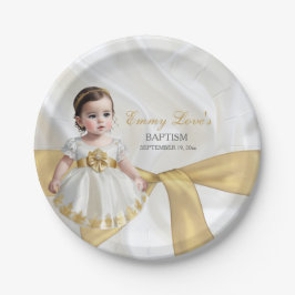 Prato De Papel Bebê Menina Batismo Christening White e Dourado
