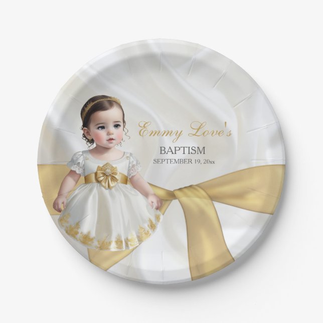 Prato De Papel Bebê Menina Batismo Christening White e Dourado (Frente)