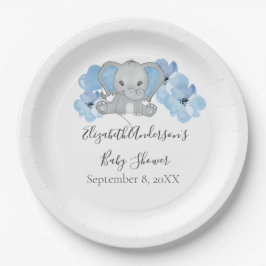 Prato De Papel Bebê Menino Azul Elefante Festa de Bebê Flores Bal