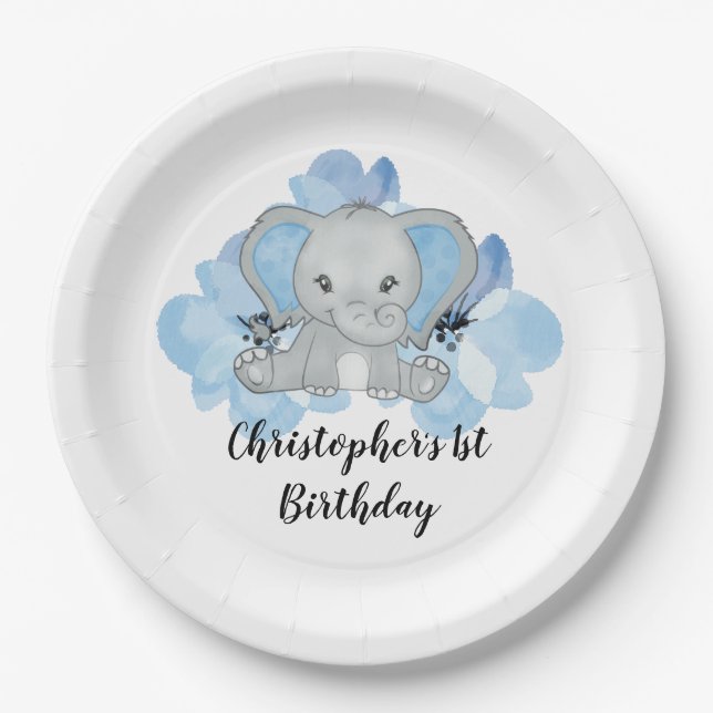 Prato De Papel Bebê Menino Elefante Flores Aniversário  (Frente)