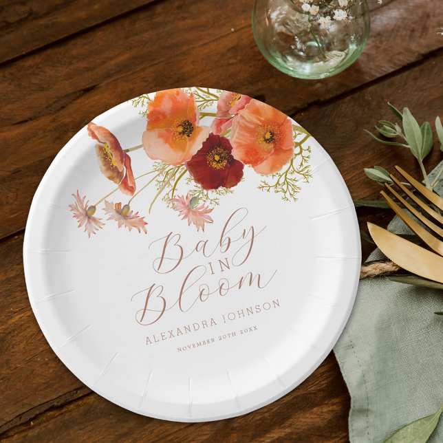 Prato De Papel Bebê no Bloom Boho Fall Floral Custom Chá de frald (Baby in bloom boho fall floral Baby shower personalized party paper plate Watercolor wildflowers)