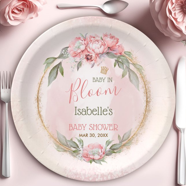 Prato De Papel Bebê No Bloom, Chá de fraldas De Menina Elegante F (Baby In Bloom Pink Floral Elegant Girl Baby Shower Paper Plates)