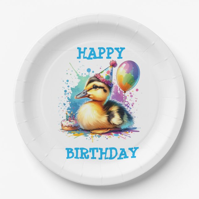 Prato De Papel Bebê pato fofo feliz aniversário (Frente)