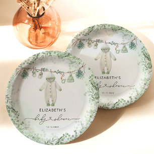 Prato De Papel Bebê Roupas Boho Eucalyptus Chá de fraldas